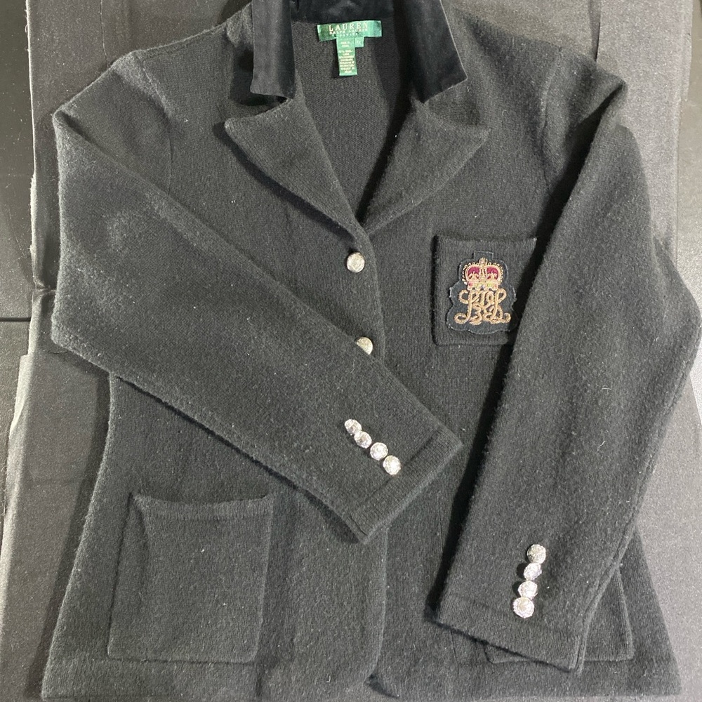 Lauren Ralph Lauren Black Wool Blazer with Embroidered Crest Women's Size Large